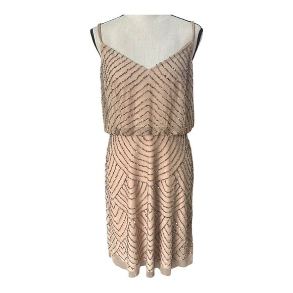 Adrianna Papell Blush Beaded Art Deco Dress 12 Gatsby Flapper Style Cocktail - Picture 1 of 10